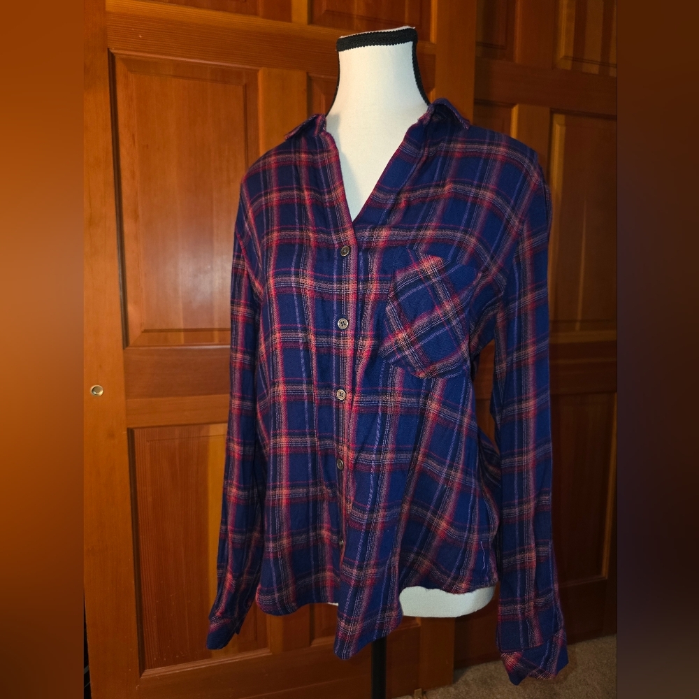 Anthropologie Cloth And Stone Button Down Long Sleeve  Shirt Plaid Blue Size M